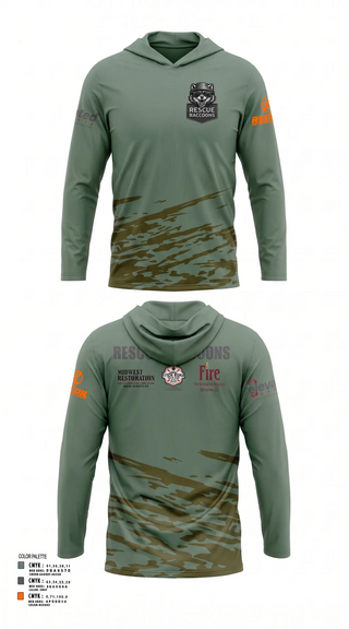 Long Sleeve Performance Shirt with hood, Rescue Raccoons, Fire Department, Teamtime, Team time, sublimation, custom sports apparel, team uniforms, spirit wear, spiritwear, sports uniforms, custom shirts, team store, custom team store, fundraiser sports, apparel fundraiser