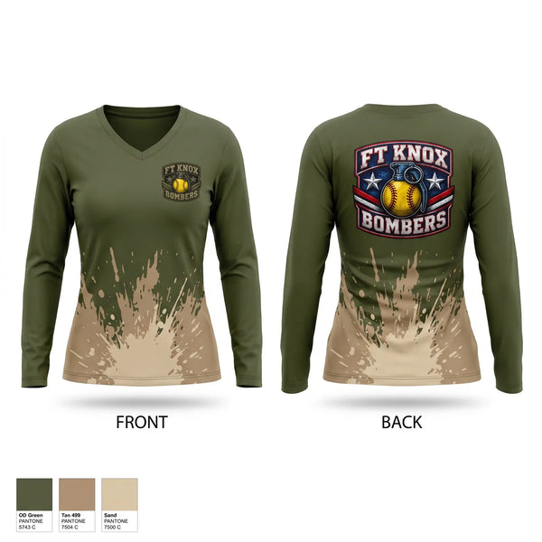 Womens Long Sleeve Vneck Shirt, Fort Knox Bombers, Softball, Teamtime, Team time, sublimation, custom sports apparel, team uniforms, spirit wear, spiritwear, sports uniforms, custom shirts, team store, custom team store, fundraiser sports, apparel fundraiser