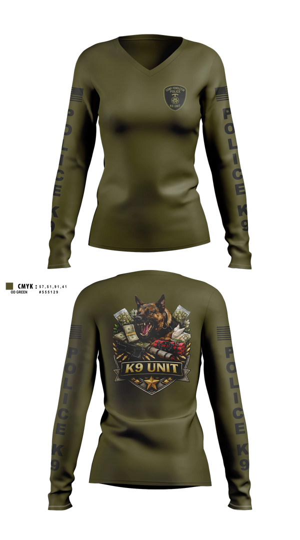 Womens Long Sleeve Vneck Shirt, Camp Pendleton PMO K9, Marines, Teamtime, Team time, sublimation, custom sports apparel, team uniforms, spirit wear, spiritwear, sports uniforms, custom shirts, team store, custom team store, fundraiser sports, apparel fundraiser