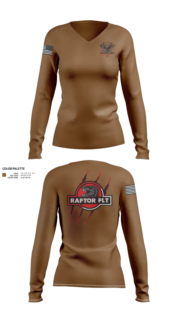 Womens Long Sleeve Vneck Shirt, Raptor Platoon, 4-9 CAV, , Teamtime, Team time, sublimation, custom sports apparel, team uniforms, spirit wear, spiritwear, sports uniforms, custom shirts, team store, custom team store, fundraiser sports, apparel fundraiser