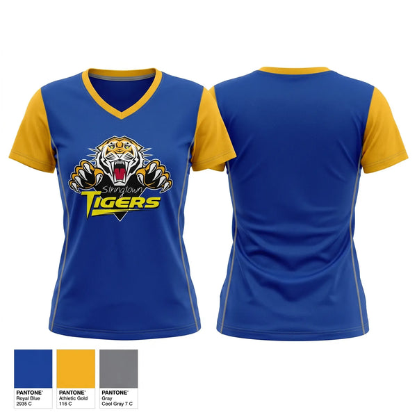 Womens Short Sleeve Vneck Shirt, Stringtown Tigers, Women's Basketball, Teamtime, Team time, sublimation, custom sports apparel, team uniforms, spirit wear, spiritwear, sports uniforms, custom shirts, team store, custom team store, fundraiser sports, apparel fundraiser