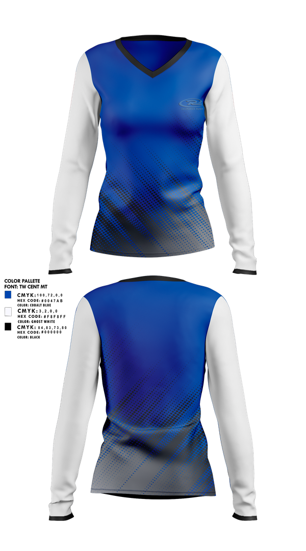 Womens Long Sleeve Vneck Shirt, Delmarva Rush, Women's Soccer, Teamtime, Team time, sublimation, custom sports apparel, team uniforms, spirit wear, spiritwear, sports uniforms, custom shirts, team store, custom team store, fundraiser sports, apparel fundraiser