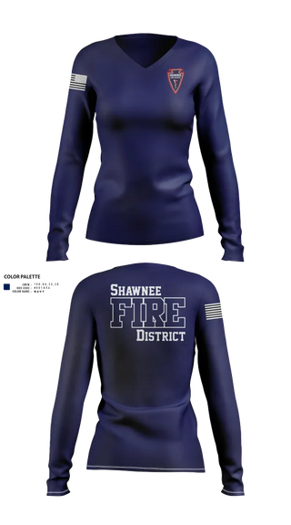 Womens Long Sleeve Vneck Shirt, Shawnee Fire District, Fire Department, Teamtime, Team time, sublimation, custom sports apparel, team uniforms, spirit wear, spiritwear, sports uniforms, custom shirts, team store, custom team store, fundraiser sports, apparel fundraiser