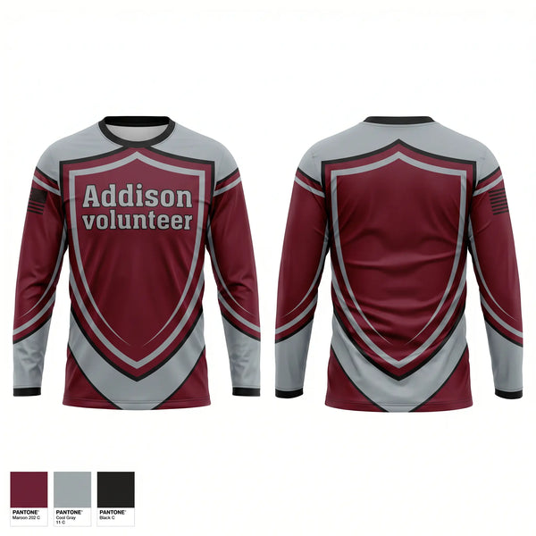 Long Sleeve Performance Shirt, Addison volunteer, Fire Department, Teamtime, Team time, sublimation, custom sports apparel, team uniforms, spirit wear, spiritwear, sports uniforms, custom shirts, team store, custom team store, fundraiser sports, apparel fundraiser