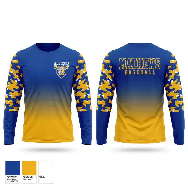 Long Sleeve Performance Shirt, Mathews Blue Devils, Baseball, Teamtime, Team time, sublimation, custom sports apparel, team uniforms, spirit wear, spiritwear, sports uniforms, custom shirts, team store, custom team store, fundraiser sports, apparel fundraiser