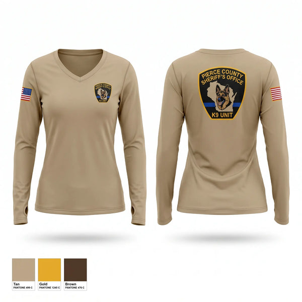 Womens Long Sleeve Vneck Shirt, Pierce County Sheriff’s Office, Police, Teamtime, Team time, sublimation, custom sports apparel, team uniforms, spirit wear, spiritwear, sports uniforms, custom shirts, team store, custom team store, fundraiser sports, apparel fundraiser