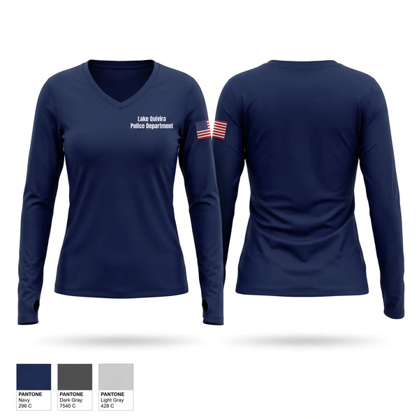 Womens Long Sleeve Vneck Shirt, Lake Quivira Police Department, Police, Teamtime, Team time, sublimation, custom sports apparel, team uniforms, spirit wear, spiritwear, sports uniforms, custom shirts, team store, custom team store, fundraiser sports, apparel fundraiser