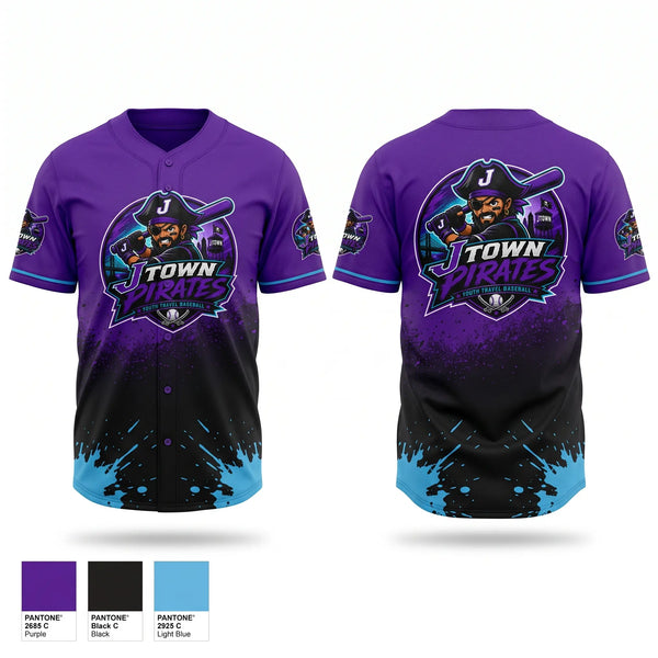 Full Button Baseball Jersey, J-Town Pirates, Baseball, Teamtime, Team time, sublimation, custom sports apparel, team uniforms, spirit wear, spiritwear, sports uniforms, custom shirts, team store, custom team store, fundraiser sports, apparel fundraiser
