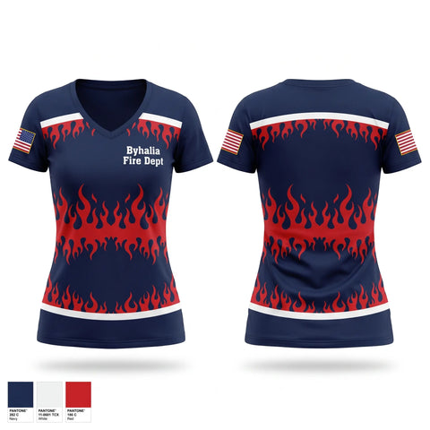 Womens Short Sleeve Vneck Shirt, Byhalia Fire Dept, Fire Department, Teamtime, Team time, sublimation, custom sports apparel, team uniforms, spirit wear, spiritwear, sports uniforms, custom shirts, team store, custom team store, fundraiser sports, apparel fundraiser