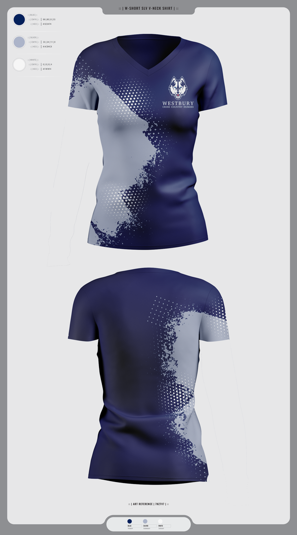 Womens Short Sleeve Vneck Shirt, Westbury Cross Country Huskies, Cross Country, Teamtime, Team time, sublimation, custom sports apparel, team uniforms, spirit wear, spiritwear, sports uniforms, custom shirts, team store, custom team store, fundraiser sports, apparel fundraiser