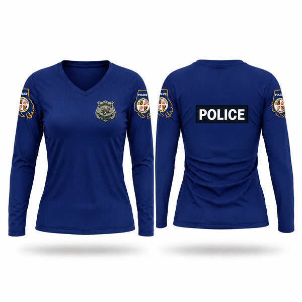 Womens Long Sleeve Vneck Shirt, Baltimore County Police Department, Police, Teamtime, Team time, sublimation, custom sports apparel, team uniforms, spirit wear, spiritwear, sports uniforms, custom shirts, team store, custom team store, fundraiser sports, apparel fundraiser