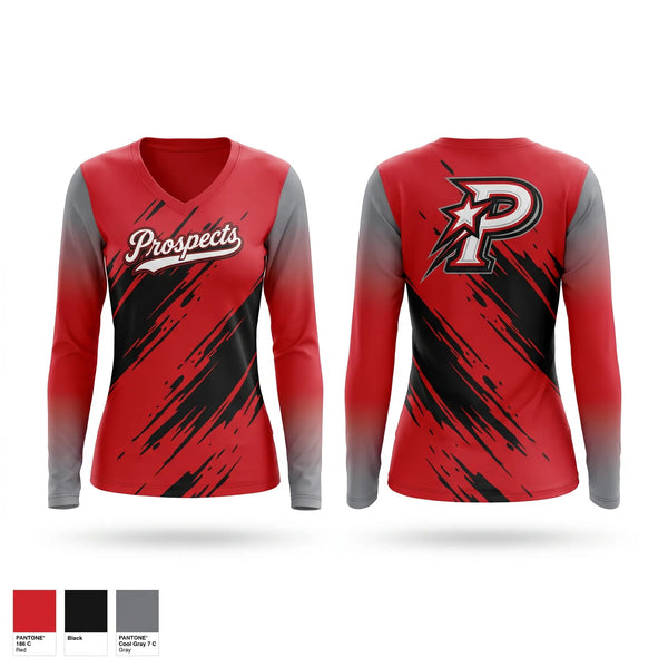 Womens Long Sleeve Vneck Shirt, South Georgia Prospects, Baseball, Teamtime, Team time, sublimation, custom sports apparel, team uniforms, spirit wear, spiritwear, sports uniforms, custom shirts, team store, custom team store, fundraiser sports, apparel fundraiser