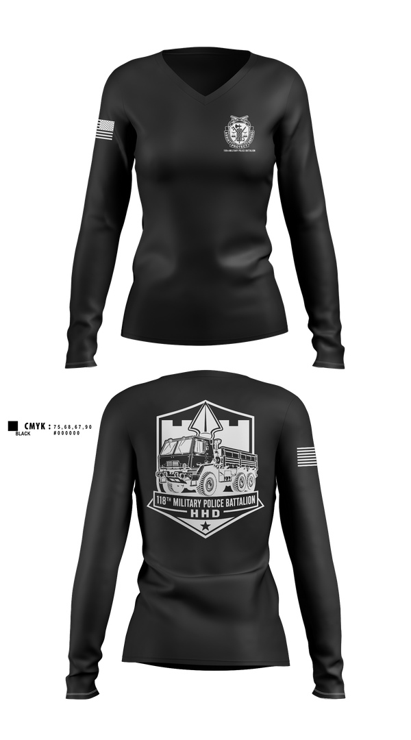 Womens Long Sleeve Vneck Shirt, 118th Military Police Battalion, National Guard, Teamtime, Team time, sublimation, custom sports apparel, team uniforms, spirit wear, spiritwear, sports uniforms, custom shirts, team store, custom team store, fundraiser sports, apparel fundraiser