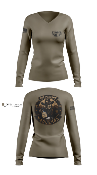 Womens Long Sleeve Vneck Shirt, 2nd Platoon Vaqueros, Army, Teamtime, Team time, sublimation, custom sports apparel, team uniforms, spirit wear, spiritwear, sports uniforms, custom shirts, team store, custom team store, fundraiser sports, apparel fundraiser