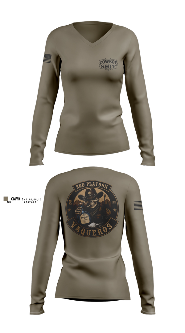 Womens Long Sleeve Vneck Shirt, 2nd Platoon Vaqueros, Army, Teamtime, Team time, sublimation, custom sports apparel, team uniforms, spirit wear, spiritwear, sports uniforms, custom shirts, team store, custom team store, fundraiser sports, apparel fundraiser