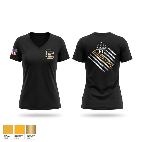Womens Short Sleeve Vneck Shirt, Goose Creek high school JROTC, Bowling, Teamtime, Team time, sublimation, custom sports apparel, team uniforms, spirit wear, spiritwear, sports uniforms, custom shirts, team store, custom team store, fundraiser sports, apparel fundraiser