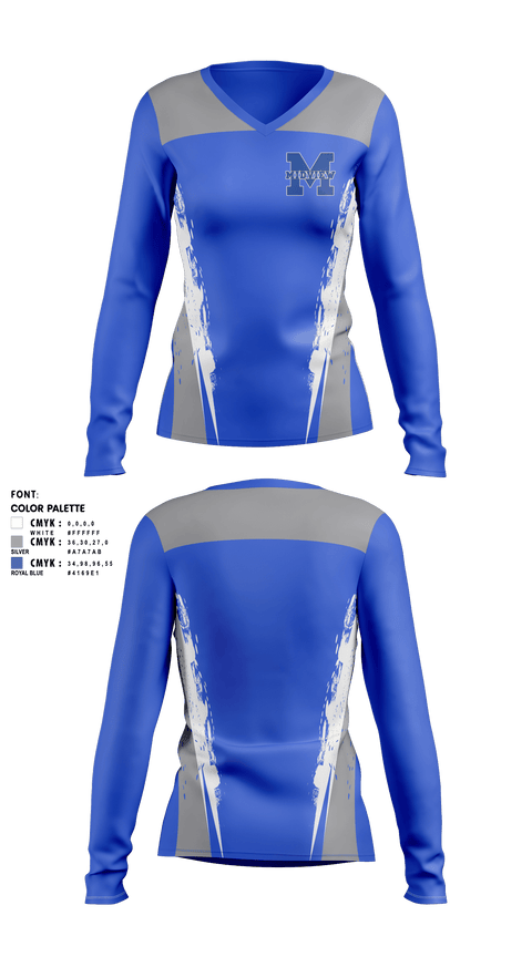 Womens Long Sleeve Vneck Shirt, Midview Middies, Cheer, Teamtime, Team time, sublimation, custom sports apparel, team uniforms, spirit wear, spiritwear, sports uniforms, custom shirts, team store, custom team store, fundraiser sports, apparel fundraiser