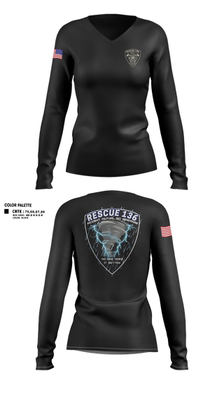 Womens Long Sleeve Vneck Shirt, Rescue 136, Fire Department, Teamtime, Team time, sublimation, custom sports apparel, team uniforms, spirit wear, spiritwear, sports uniforms, custom shirts, team store, custom team store, fundraiser sports, apparel fundraiser