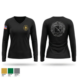 Womens Long Sleeve Vneck Shirt, 1st SFG(A), Army, Teamtime, Team time, sublimation, custom sports apparel, team uniforms, spirit wear, spiritwear, sports uniforms, custom shirts, team store, custom team store, fundraiser sports, apparel fundraiser