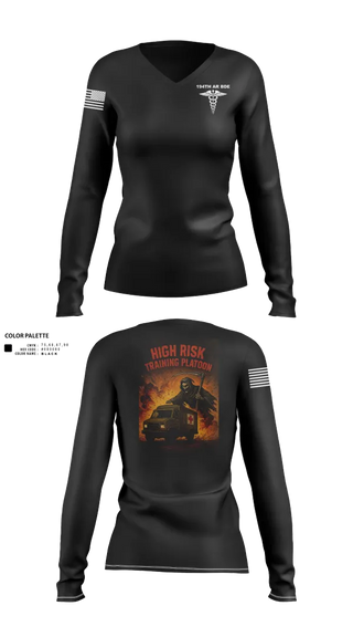 Womens Long Sleeve Vneck Shirt, 194th AR BDE HRT Medics, Army, Teamtime, Team time, sublimation, custom sports apparel, team uniforms, spirit wear, spiritwear, sports uniforms, custom shirts, team store, custom team store, fundraiser sports, apparel fundraiser