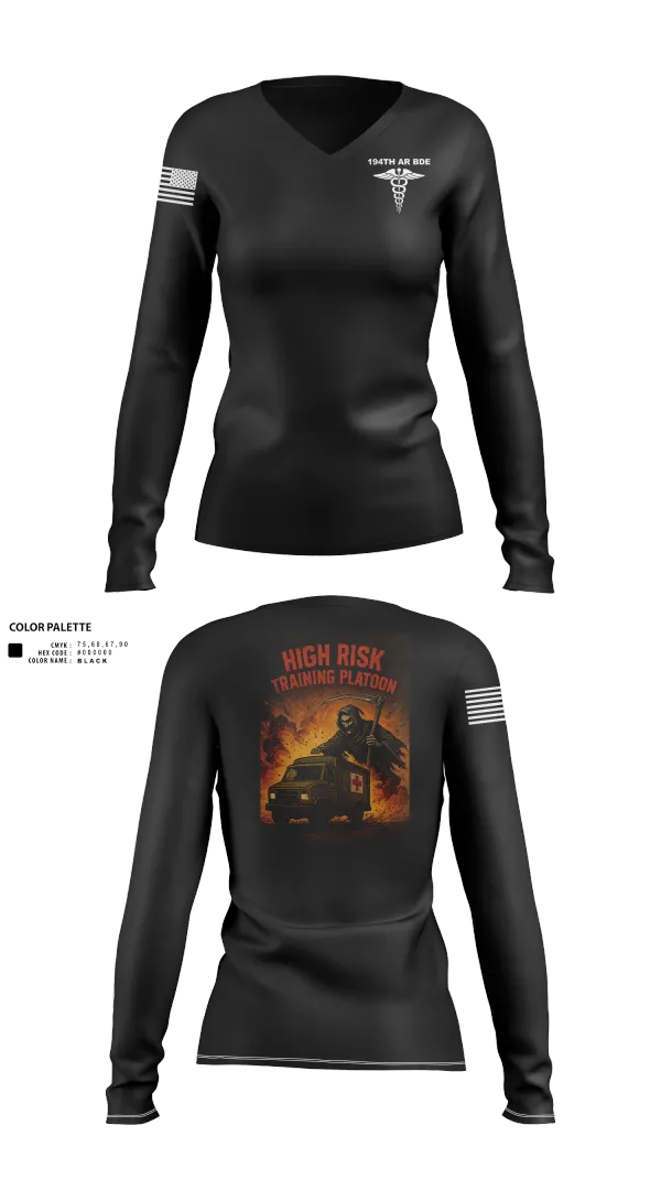 Womens Long Sleeve Vneck Shirt, 194th AR BDE HRT Medics, Army, Teamtime, Team time, sublimation, custom sports apparel, team uniforms, spirit wear, spiritwear, sports uniforms, custom shirts, team store, custom team store, fundraiser sports, apparel fundraiser