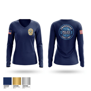 Womens Long Sleeve Vneck Shirt, Swansboro Police cadet unit, Police, Teamtime, Team time, sublimation, custom sports apparel, team uniforms, spirit wear, spiritwear, sports uniforms, custom shirts, team store, custom team store, fundraiser sports, apparel fundraiser
