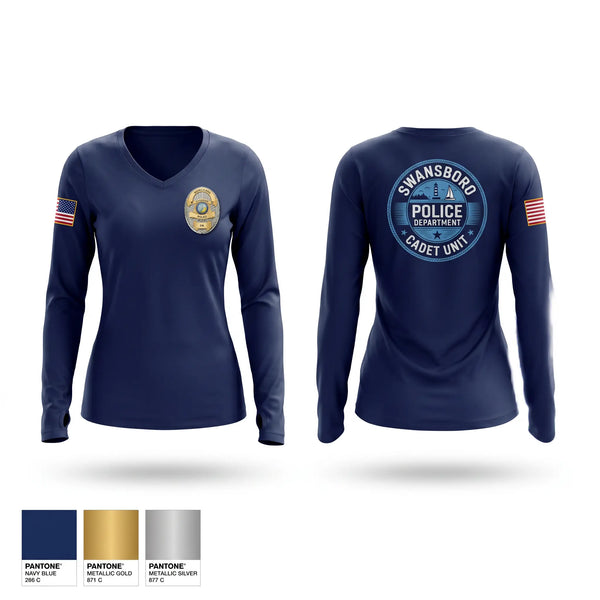 Womens Long Sleeve Vneck Shirt, Swansboro Police cadet unit, Police, Teamtime, Team time, sublimation, custom sports apparel, team uniforms, spirit wear, spiritwear, sports uniforms, custom shirts, team store, custom team store, fundraiser sports, apparel fundraiser
