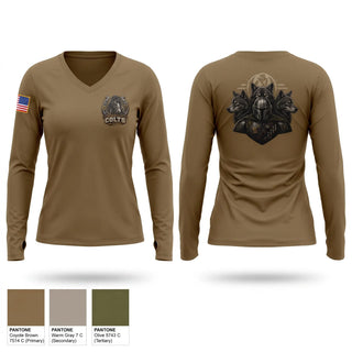 Womens Long Sleeve Vneck Shirt, Pharmacy colts, Army, Teamtime, Team time, sublimation, custom sports apparel, team uniforms, spirit wear, spiritwear, sports uniforms, custom shirts, team store, custom team store, fundraiser sports, apparel fundraiser
