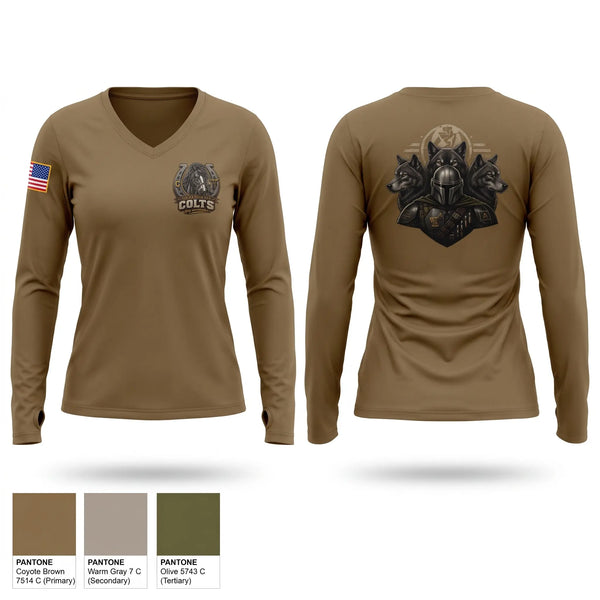 Womens Long Sleeve Vneck Shirt, Pharmacy colts, Army, Teamtime, Team time, sublimation, custom sports apparel, team uniforms, spirit wear, spiritwear, sports uniforms, custom shirts, team store, custom team store, fundraiser sports, apparel fundraiser