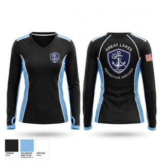 Womens Long Sleeve Vneck Shirt, Great Lakes Protective Services, Police, Teamtime, Team time, sublimation, custom sports apparel, team uniforms, spirit wear, spiritwear, sports uniforms, custom shirts, team store, custom team store, fundraiser sports, apparel fundraiser