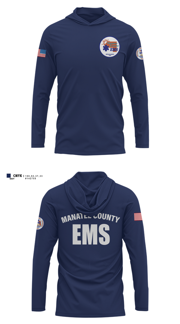 Long Sleeve Performance Shirt with hood, Manatee County EMS, EMS/EMT, Teamtime, Team time, sublimation, custom sports apparel, team uniforms, spirit wear, spiritwear, sports uniforms, custom shirts, team store, custom team store, fundraiser sports, apparel fundraiser