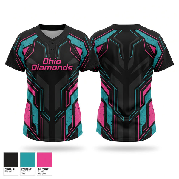 Two Button Softball Jersey, Ohio Diamonds, Softball, Teamtime, Team time, sublimation, custom sports apparel, team uniforms, spirit wear, spiritwear, sports uniforms, custom shirts, team store, custom team store, fundraiser sports, apparel fundraiser