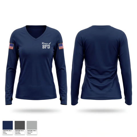 Womens Long Sleeve Vneck Shirt, Women of BFD, Fire Department, Teamtime, Team time, sublimation, custom sports apparel, team uniforms, spirit wear, spiritwear, sports uniforms, custom shirts, team store, custom team store, fundraiser sports, apparel fundraiser