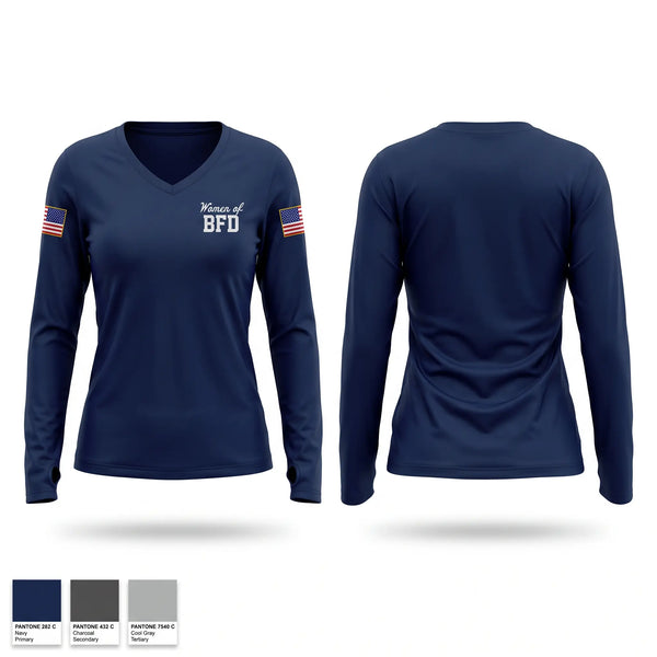 Womens Long Sleeve Vneck Shirt, Women of BFD, Fire Department, Teamtime, Team time, sublimation, custom sports apparel, team uniforms, spirit wear, spiritwear, sports uniforms, custom shirts, team store, custom team store, fundraiser sports, apparel fundraiser