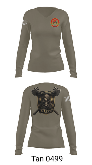 Womens Long Sleeve Vneck Shirt, E Trp, 6-1 CAV, Army, Teamtime, Team time, sublimation, custom sports apparel, team uniforms, spirit wear, spiritwear, sports uniforms, custom shirts, team store, custom team store, fundraiser sports, apparel fundraiser