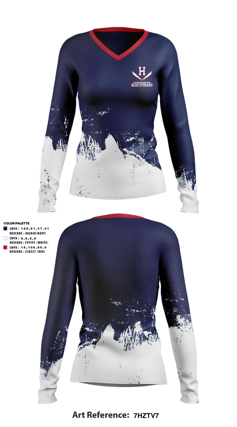 Womens Long Sleeve Vneck Shirt, Harrisonburg Blue Streaks, Cross Country, Teamtime, Team time, sublimation, custom sports apparel, team uniforms, spirit wear, spiritwear, sports uniforms, custom shirts, team store, custom team store, fundraiser sports, apparel fundraiser