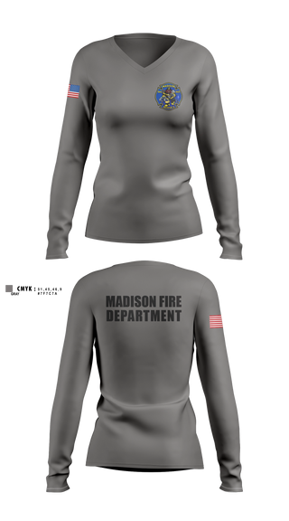 Womens Long Sleeve Vneck Shirt, Madison Fire Department, Fire Department, Teamtime, Team time, sublimation, custom sports apparel, team uniforms, spirit wear, spiritwear, sports uniforms, custom shirts, team store, custom team store, fundraiser sports, apparel fundraiser