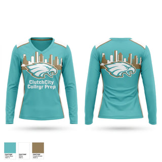 Womens Long Sleeve Vneck Shirt, ClutchCity Collrgr Prep, , Teamtime, Team time, sublimation, custom sports apparel, team uniforms, spirit wear, spiritwear, sports uniforms, custom shirts, team store, custom team store, fundraiser sports, apparel fundraiser