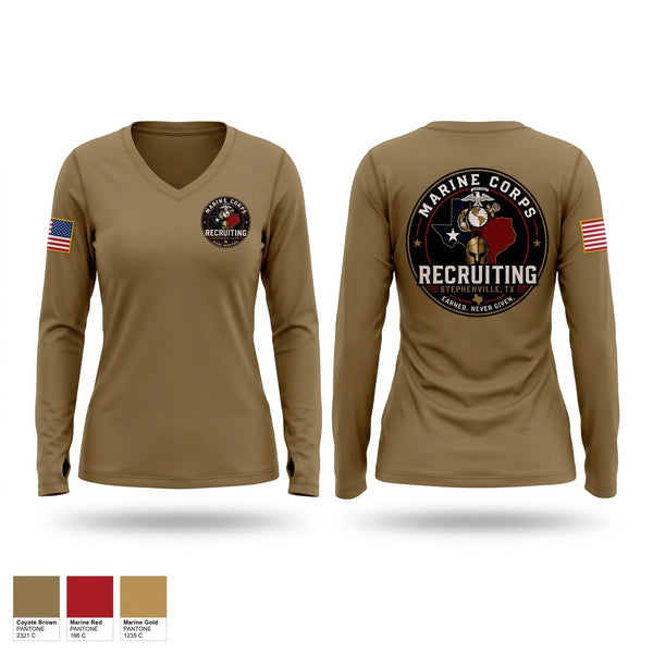 Womens Long Sleeve Vneck Shirt, Recruiting station Stephenville, Marines, Teamtime, Team time, sublimation, custom sports apparel, team uniforms, spirit wear, spiritwear, sports uniforms, custom shirts, team store, custom team store, fundraiser sports, apparel fundraiser