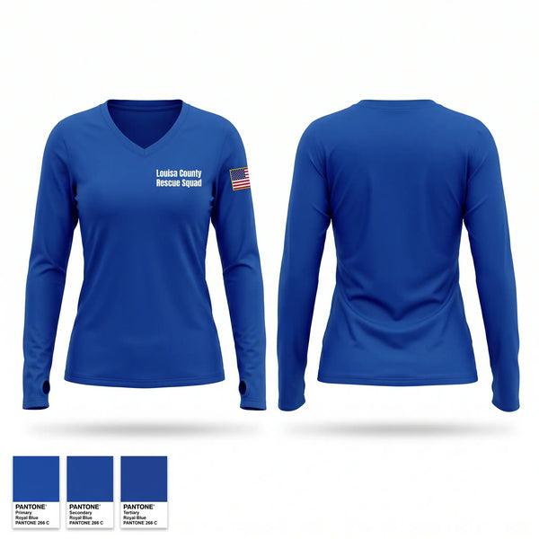 Womens Long Sleeve Vneck Shirt, Louisa County Rescue Squad, EMS/EMT, Teamtime, Team time, sublimation, custom sports apparel, team uniforms, spirit wear, spiritwear, sports uniforms, custom shirts, team store, custom team store, fundraiser sports, apparel fundraiser
