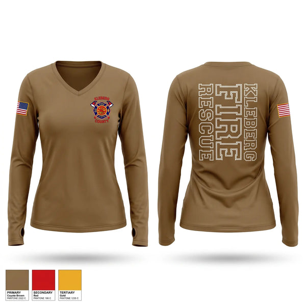 Womens Long Sleeve Vneck Shirt, Kleberg County Fire & Rescue, Fire Department, Teamtime, Team time, sublimation, custom sports apparel, team uniforms, spirit wear, spiritwear, sports uniforms, custom shirts, team store, custom team store, fundraiser sports, apparel fundraiser