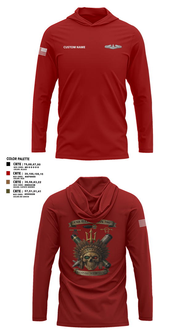 Long Sleeve Performance Shirt with hood, USS Illinois (SSN 786), , Teamtime, Team time, sublimation, custom sports apparel, team uniforms, spirit wear, spiritwear, sports uniforms, custom shirts, team store, custom team store, fundraiser sports, apparel fundraiser