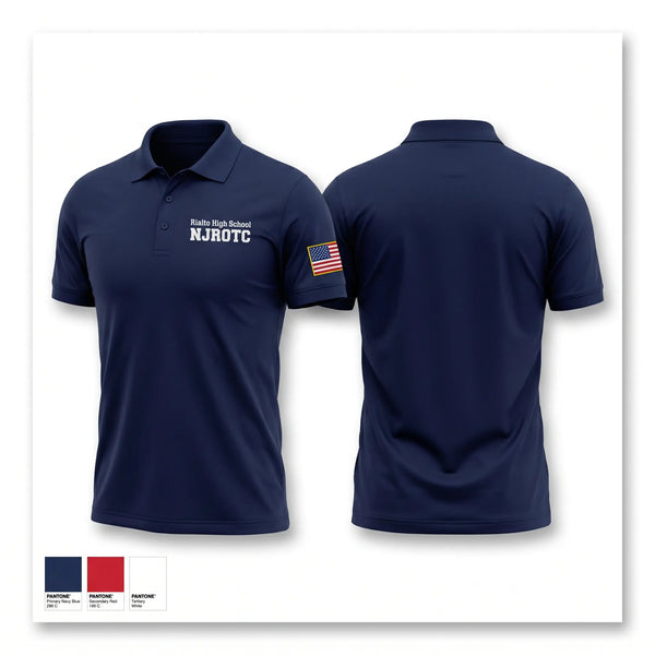 Short Sleeve Performance Polo, Rialto High School NJROTC, Navy, Teamtime, Team time, sublimation, custom sports apparel, team uniforms, spirit wear, spiritwear, sports uniforms, custom shirts, team store, custom team store, fundraiser sports, apparel fundraiser