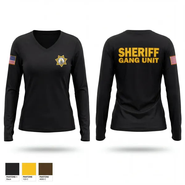 Womens Long Sleeve Vneck Shirt, SHERIFF GANG UNIT, Police, Teamtime, Team time, sublimation, custom sports apparel, team uniforms, spirit wear, spiritwear, sports uniforms, custom shirts, team store, custom team store, fundraiser sports, apparel fundraiser