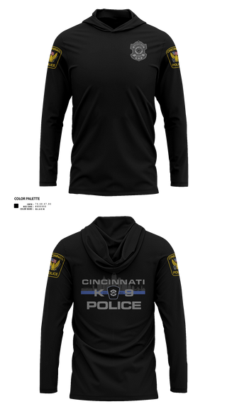 Long Sleeve Performance Shirt with hood, Cincinnati Police Canine Unit, Police, Teamtime, Team time, sublimation, custom sports apparel, team uniforms, spirit wear, spiritwear, sports uniforms, custom shirts, team store, custom team store, fundraiser sports, apparel fundraiser