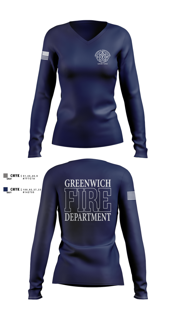 Womens Long Sleeve Vneck Shirt, Greenwich Fire Local 1042, Fire Department, Teamtime, Team time, sublimation, custom sports apparel, team uniforms, spirit wear, spiritwear, sports uniforms, custom shirts, team store, custom team store, fundraiser sports, apparel fundraiser