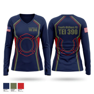 Womens Long Sleeve Vneck Shirt, South Oldham FD TEI 390, Fire Department, Teamtime, Team time, sublimation, custom sports apparel, team uniforms, spirit wear, spiritwear, sports uniforms, custom shirts, team store, custom team store, fundraiser sports, apparel fundraiser