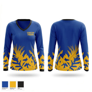 Womens Long Sleeve Vneck Shirt, Stringtown Tigers, Women's Basketball, Teamtime, Team time, sublimation, custom sports apparel, team uniforms, spirit wear, spiritwear, sports uniforms, custom shirts, team store, custom team store, fundraiser sports, apparel fundraiser
