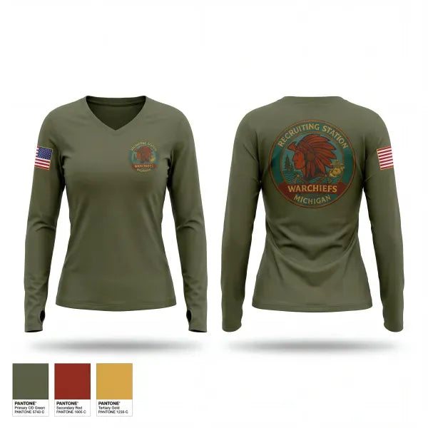 Womens Long Sleeve Vneck Shirt, Recruiting Station Michigan, Marines, Teamtime, Team time, sublimation, custom sports apparel, team uniforms, spirit wear, spiritwear, sports uniforms, custom shirts, team store, custom team store, fundraiser sports, apparel fundraiser