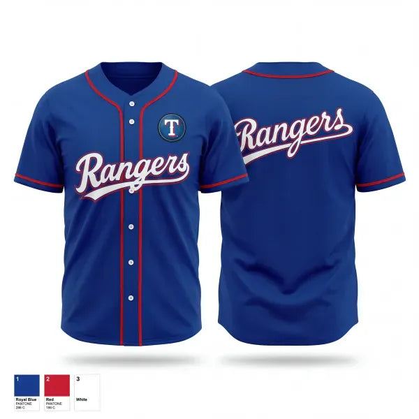 Full Button Baseball Jersey, Rangers, Baseball, Teamtime, Team time, sublimation, custom sports apparel, team uniforms, spirit wear, spiritwear, sports uniforms, custom shirts, team store, custom team store, fundraiser sports, apparel fundraiser